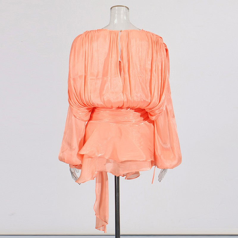 TWOTWINSTYLE Solid Patchwork Lace Up Blouse Mini Dresses For Women V Neck Long S