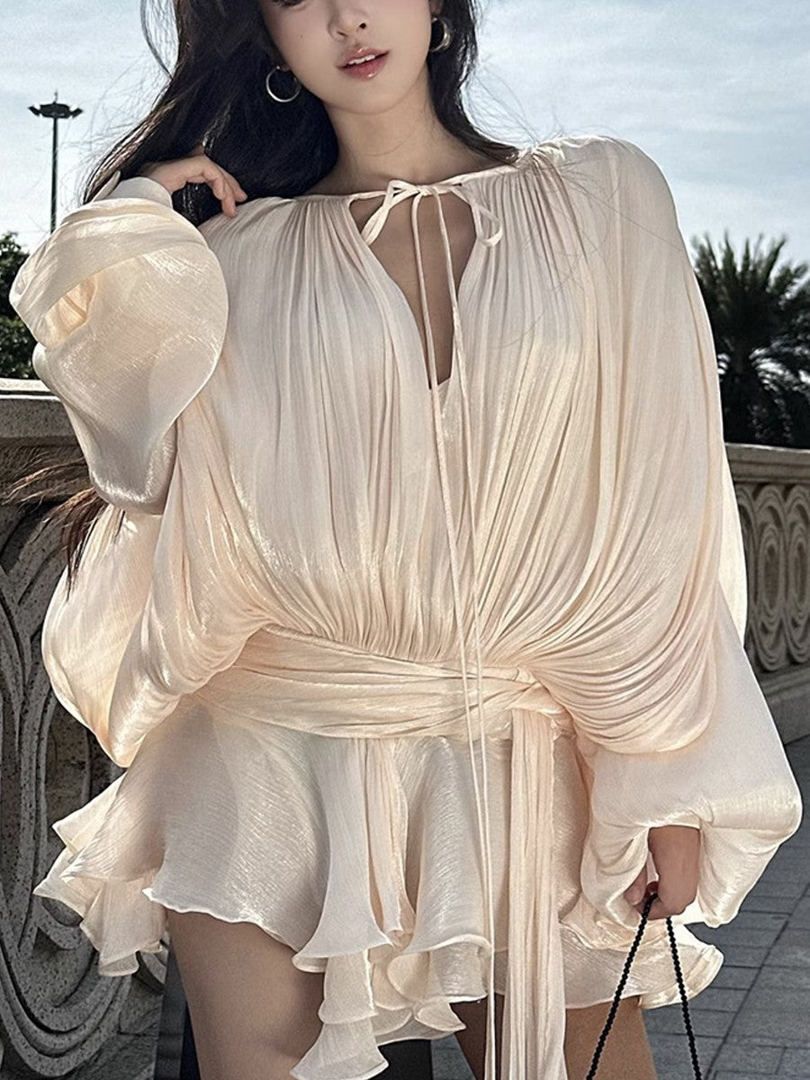 GALCAUR Solid Loose Splicd Lace Up Dresses For Women V Neck Long Sleeves Patchwo