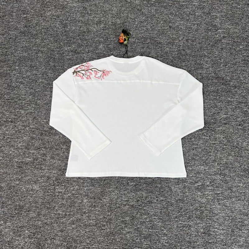 Waffle Long Sleeve Embroidery Sakura Derschutze Blossom T Shirt Men Women Casual Loose High Quality Breathe T-shirt Clothes