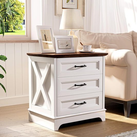 Nightstand with Drawers - Wide End Table with 3 Large Drawers & Bar Handles, Small Rustic Wood Chest of Drawers for Bedroom