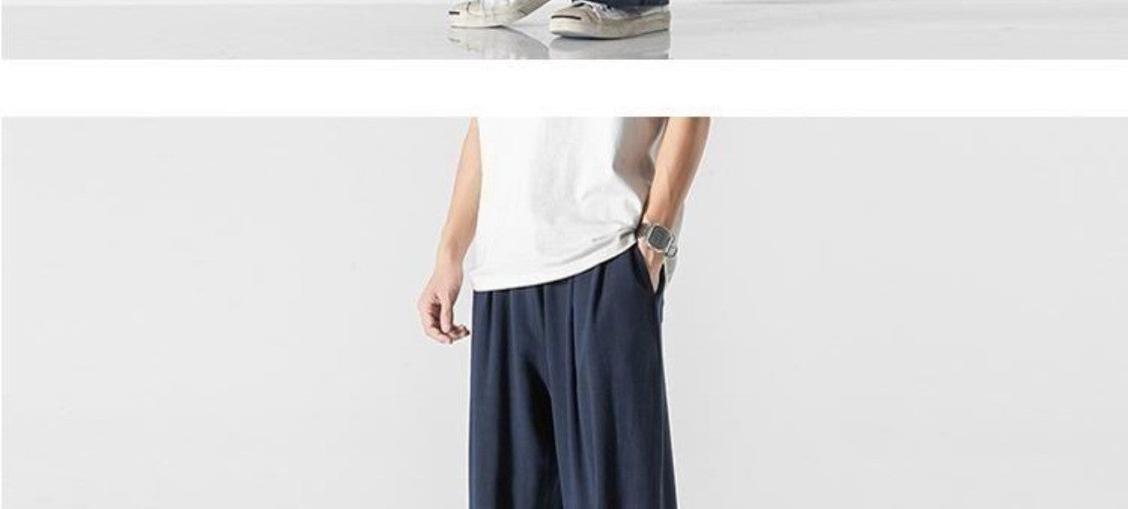Summer Large Size Linen Cotton Wide Leg Pants Men Casual Comfortable Loose Fit Straight Leg Trousers Long Pants