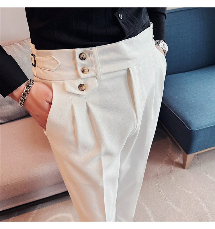 British Style Spring New Solid Business Casual Suit Pants High Waist Button Men Formal Pants High Quality Slim Office Trousers