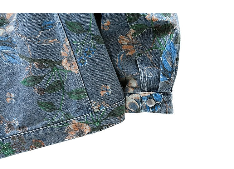 Vintage Floral Print Denim Jacket Men's Distressed Coat Streetwear Loose Fit Long Sleeve Jackets Korean Bomber Jeans Jacket