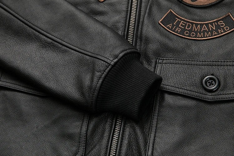 Detachable Natural Fur Collar Genuine Cowhide Men Leather Jacket Patches Flight Air Force Pilot Coat Winter Bomber
