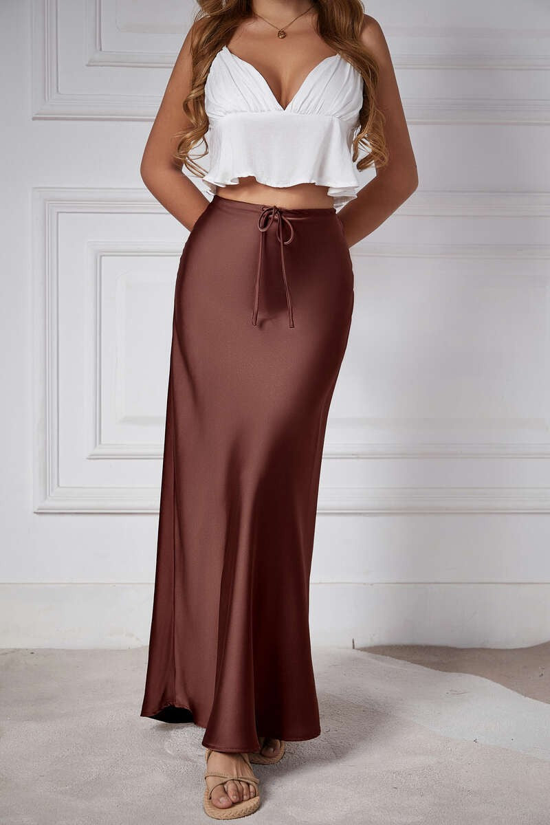New In 2025 Spring Summer Solid Color Satin Long Skirt For Women High Waist Lace