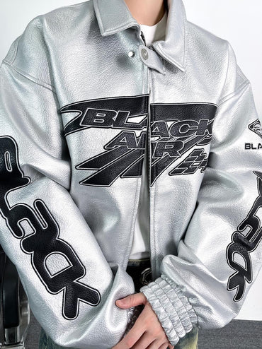 Heavy Duty Embroidered Men's Motorcycle Leather Jacket, Silver Edgy Aesthetic Windbreaker for Men, Autumn Fashion Mans Clothes