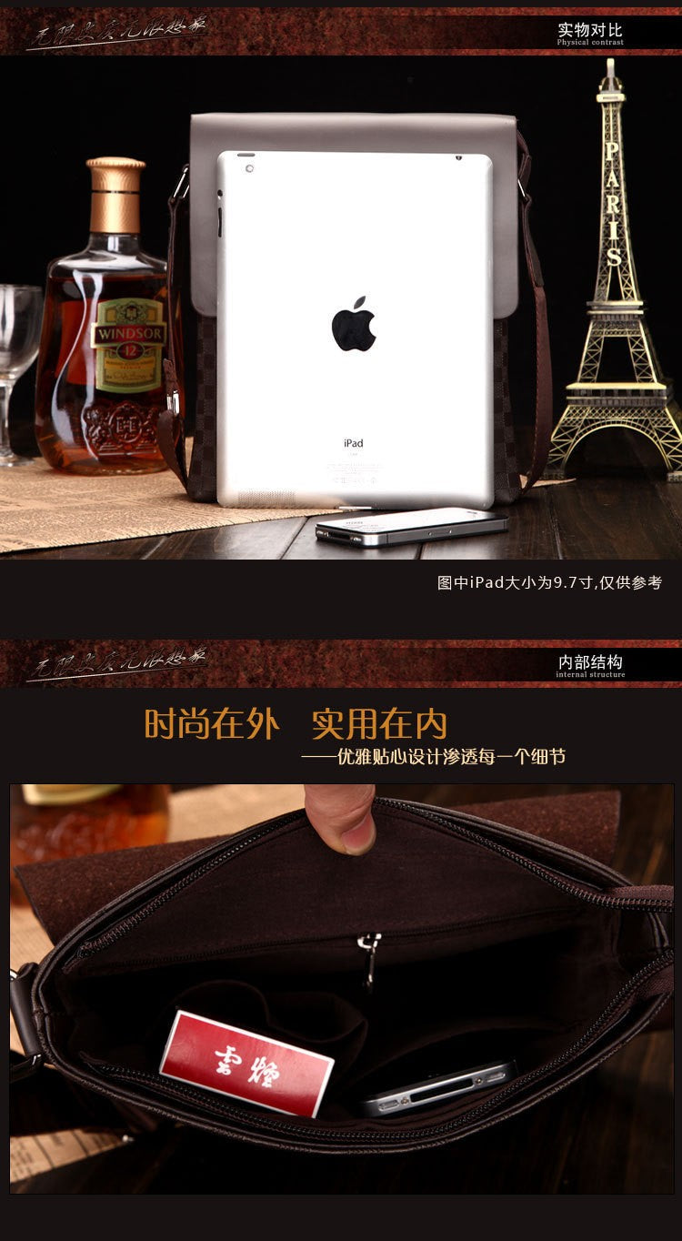 New Men's Single Shoulder Crossbody Bag with Trendy Checkerboard Pattern Embossed Casual Business Bag with Diamond Pattern