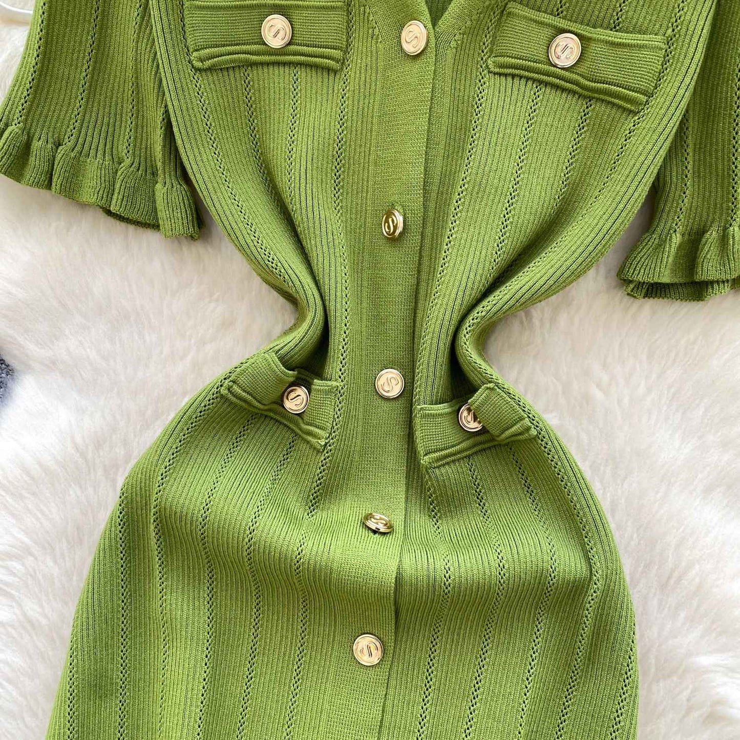 SINGREINY Summer OL Knit Dress 2025 Women V Neck Button Design Slim Mermaid Sund