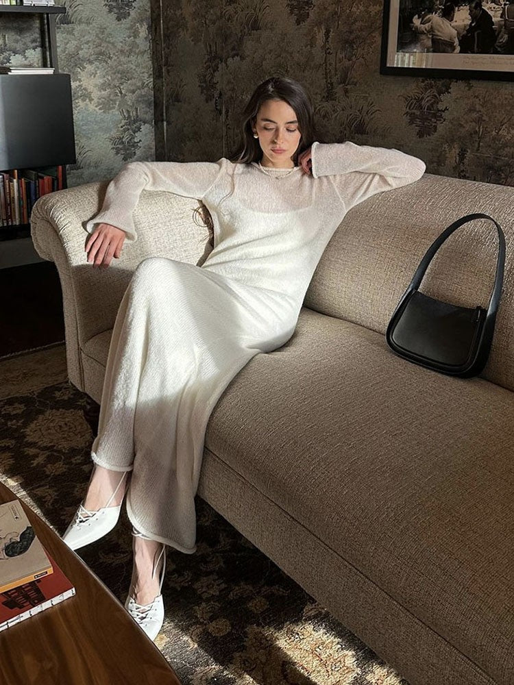 Spring Autumn O-Neck Elastic Knit Long Dresses Women 2024 Elegant Chic Soft Lady