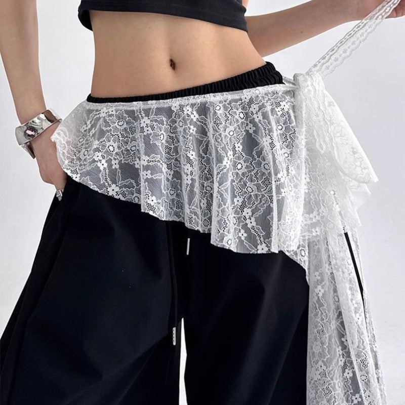 Jeans Pants Decor Embroidered Flower Lace Mini Skirt Irregular See Through Ruched Skirts High Waist Harajuku Pleated Skirts