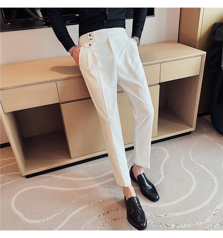British Style Spring New Solid Business Casual Suit Pants High Waist Button Men Formal Pants High Quality Slim Office Trousers