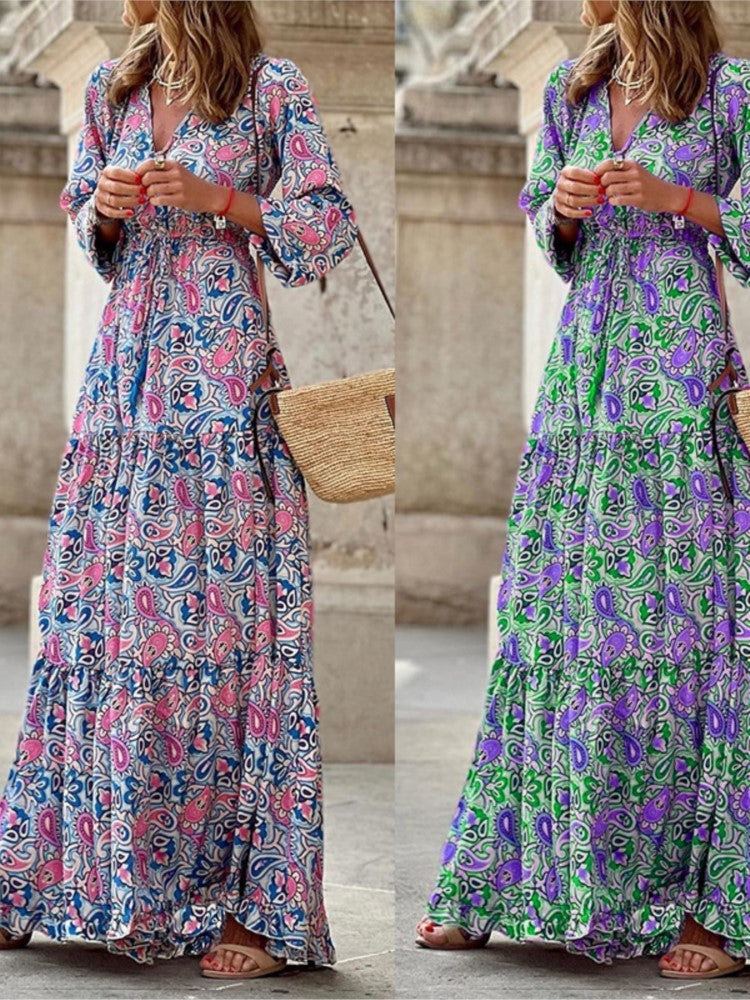 Women's Autumn New Fashionable Printed Sexy V-neck Long Sleeve High Waist Elasti