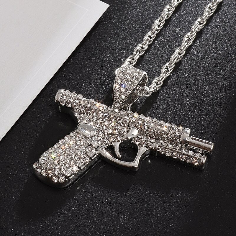 Pingente de Pistola com Gelo Cravejado Bling Colar de Metralhadora Masculino Personalidade Hip Hop Rock Punk Joia Legal para Festa de Rua Presente