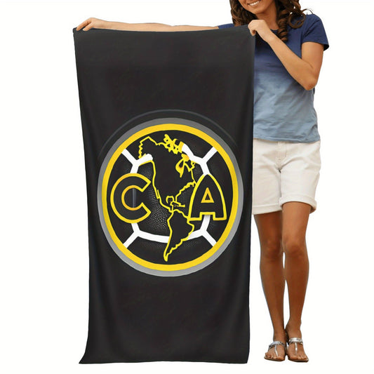 Club América Soccer-Themed Quick-Dry Microfiber Beach Towel – Lightweight, Absorbent, Black with Yellow & White Logo Design