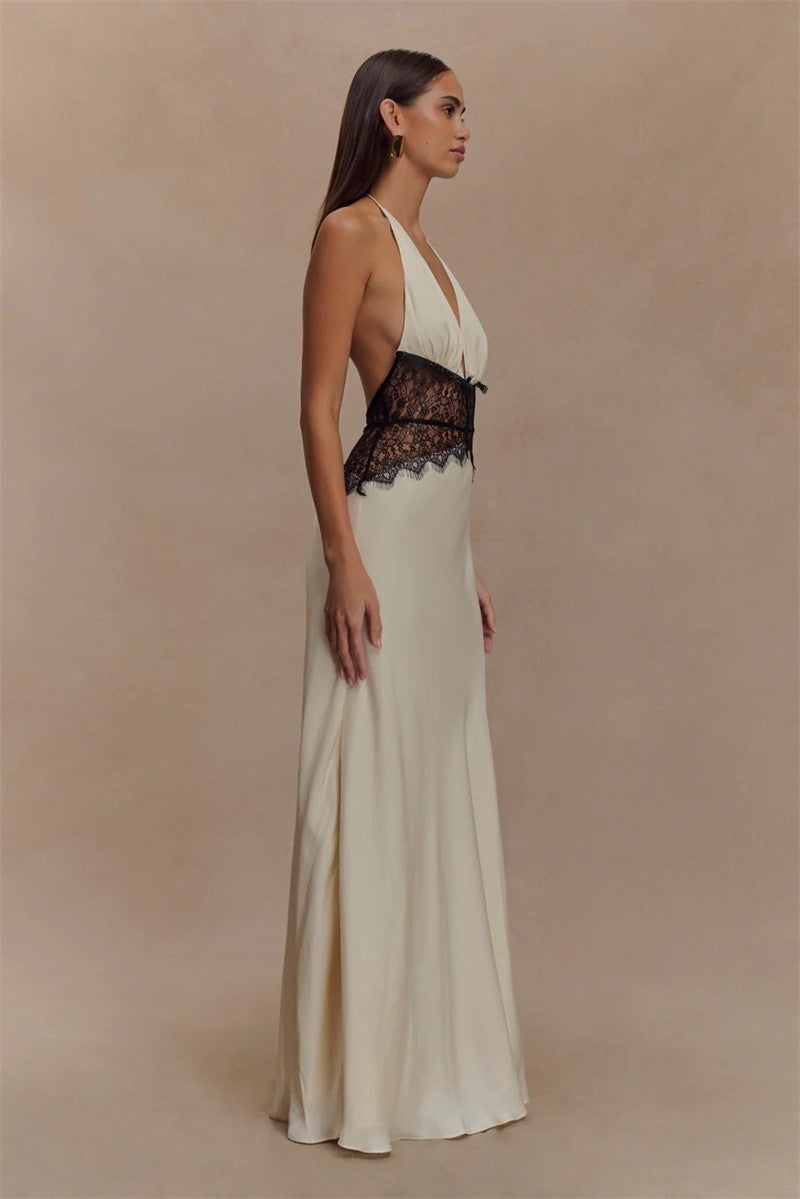 Mozision Summer Backless Sexy Maxi Dress Women Gown Patchwork Lace Halter Deep V