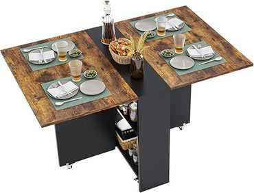 Folding Dining Table with 6 Wheels, Drop Leaf Tables for Small Spaces, Foldable Dining Table with 2-Layer Storage Rack