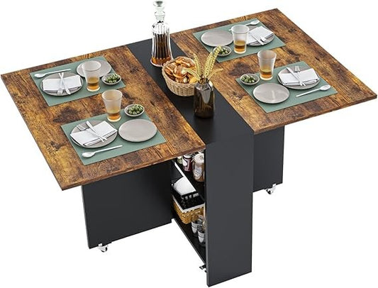 Folding Dining Table with 6 Wheels, Drop Leaf Tables for Small Spaces, Foldable Dining Table with 2-Layer Storage Rack