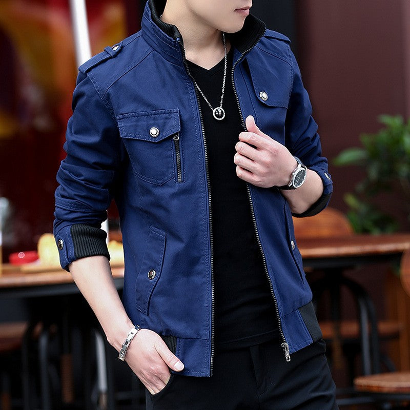 Korean Fashion Stand-up Collar Denim Cargo Coat 2023 Spring Autumn New Men's Jacket Men's Zipper Pocket Stitching Slim Jacket