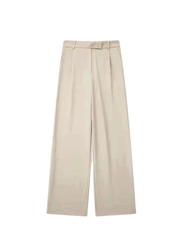 TRZA Women Fashion With Darts Front Pockets Wide Leg Pants Vintage High Waist Zi