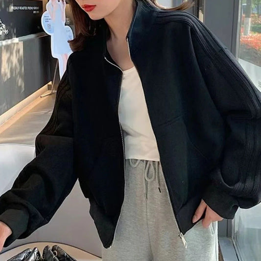 Short Sweatshirt Jacket Women's Autumn Winter Student Versatile Three Stripe Jacket Loose Fit Casual Style New Hot Sale Of The S