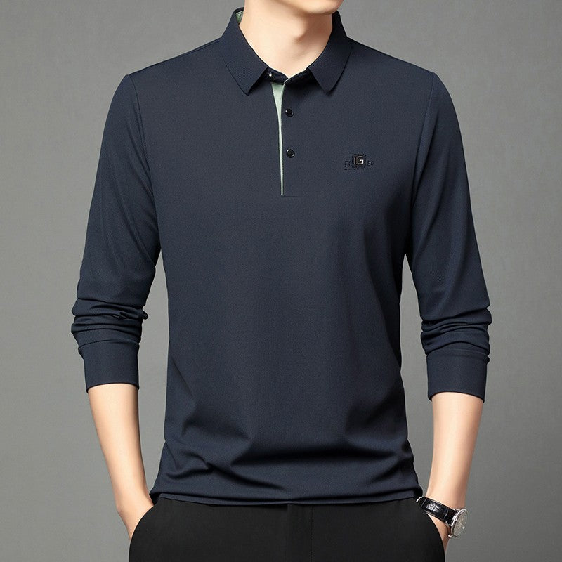New Men's Business Casual Long Sleeved Shirt with Badge Solid Color Polo Shirt Fashionable Breathable Comfortable Versatile Top