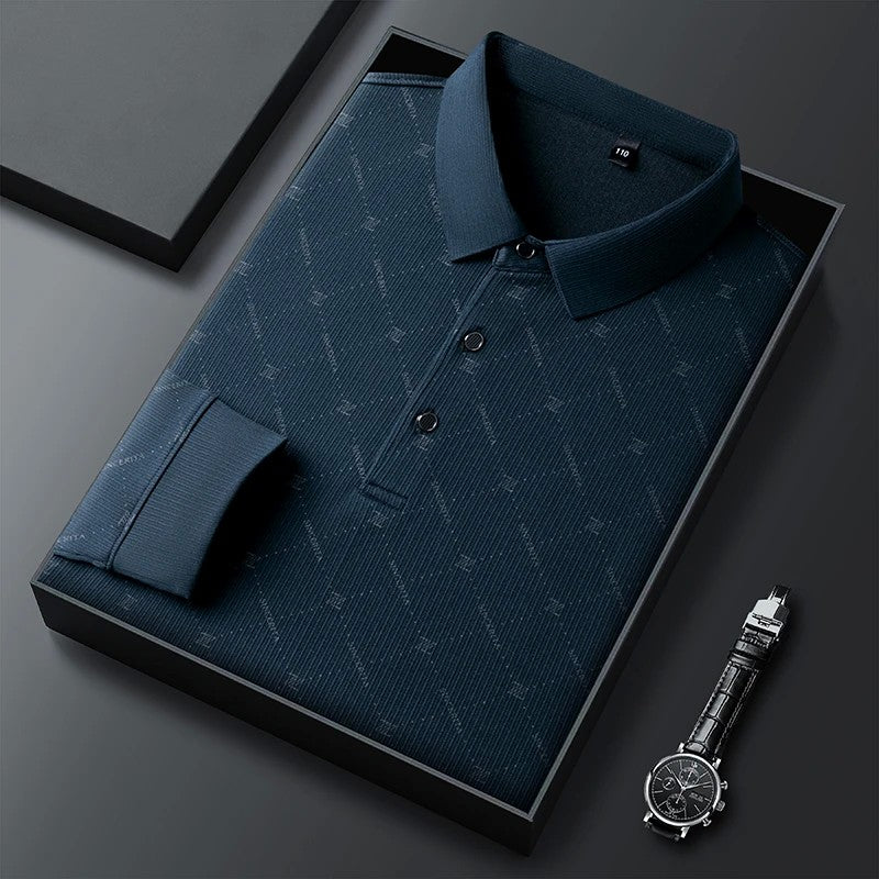 New Men's Business Casual Long Sleeved Shirt with Badge Solid Color Polo Shirt Fashionable Breathable Comfortable Versatile Top