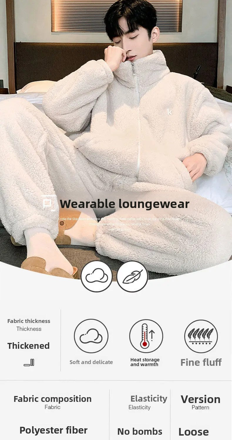 New Men's High Neck Large Size Loose Plush Loungewear Autumn and Winter Thick Warm Flannel Pajamas Can Worn Outside Coral Fleece