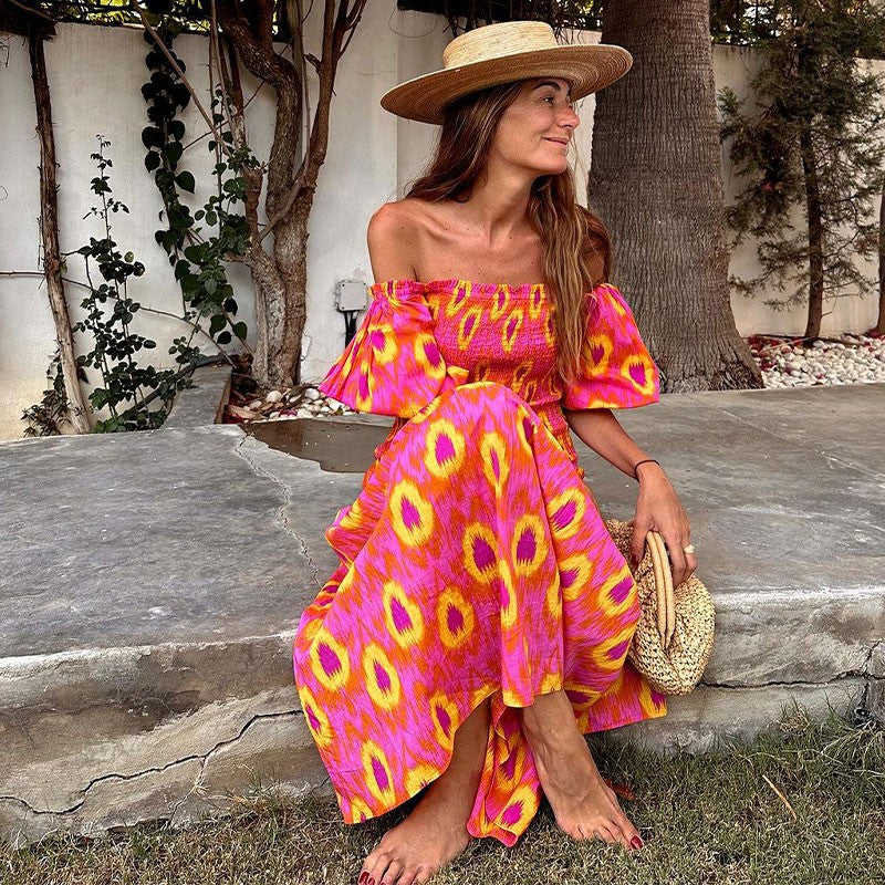 Women Summer Party Holiday Lady Streetwears Print Ruffle Pleated Long Dress Fash