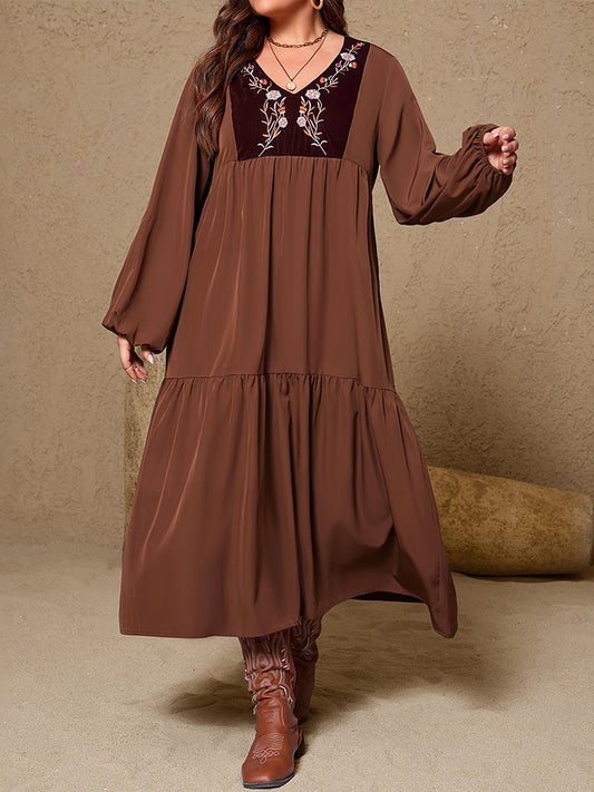 New Plus Size Women's Retro Floral Print V-Neck Maxi Dress Lantern Sleeves Ruffle Hem Loose Dress Elegant Holiday Party Dress