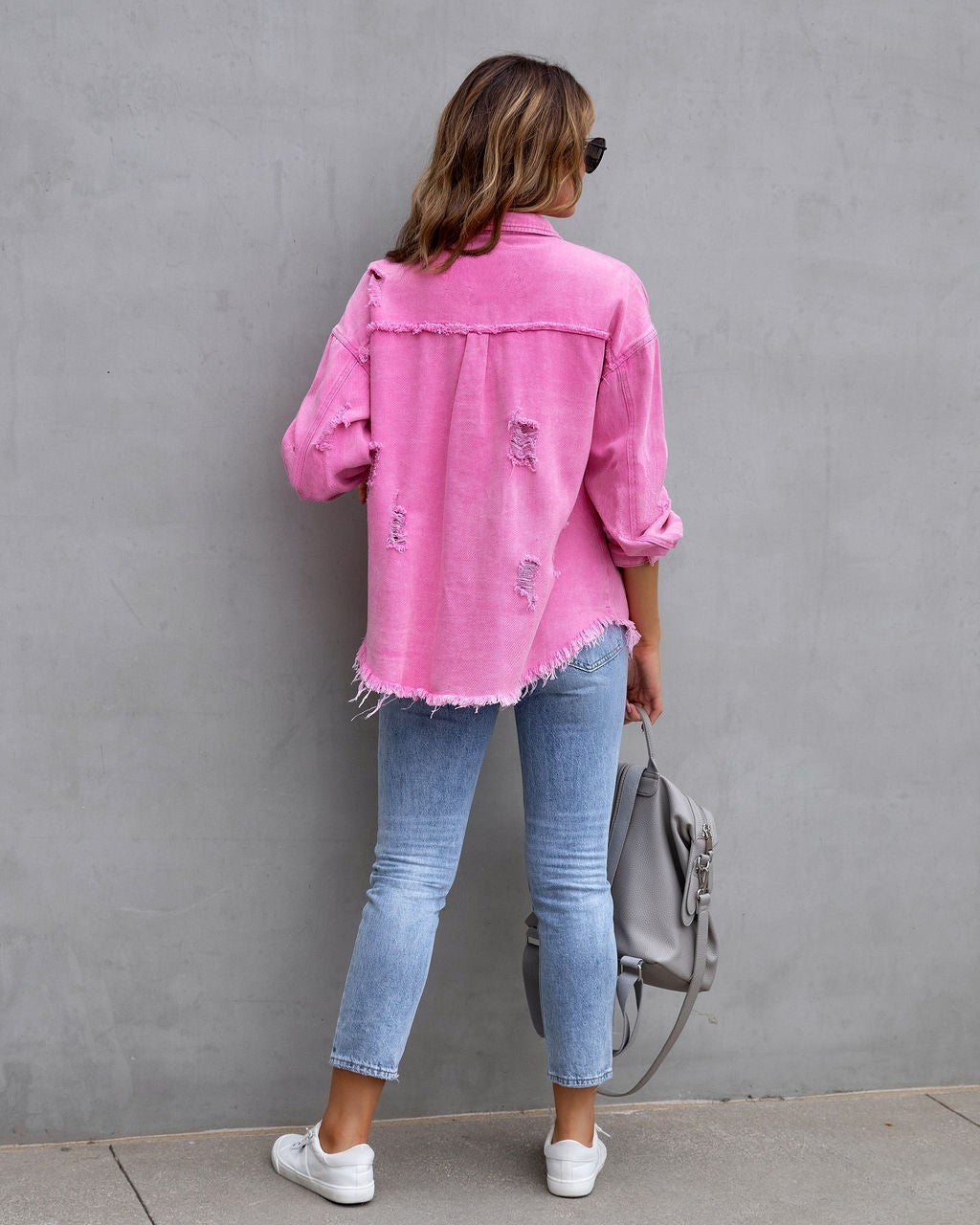 Autumn Winter Women's New Denim Jacket Fashion Grinding Edge Broken Hole Hollow Long Sleeve Single Breasted Casual Collar Top