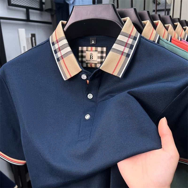 Luxury brand short sleeve polo shirt men's summer new silk cotton breathable fashion top casual business plaid lapel T-shirt