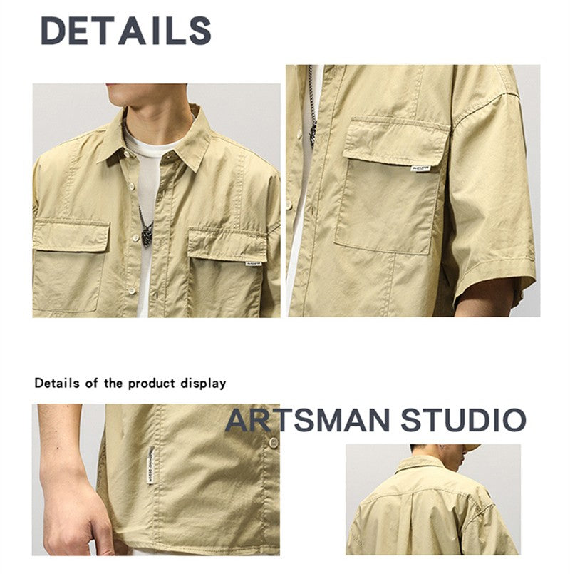 Summer Japanese Cargo Short Sleeve Shirt Men's Pockets Button Turn-down Collar Shirts Fashion Casual Cardigan blouses Tops