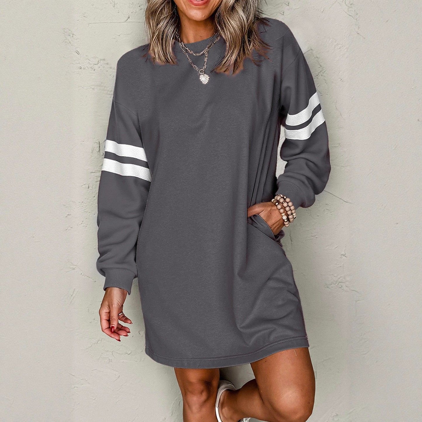 Autumn Winter New Striped Drop Shoulder Sweatshirt Mini Dresses Women Casual Loose O Neck Long-sleeved Pocket Dress Female 2025