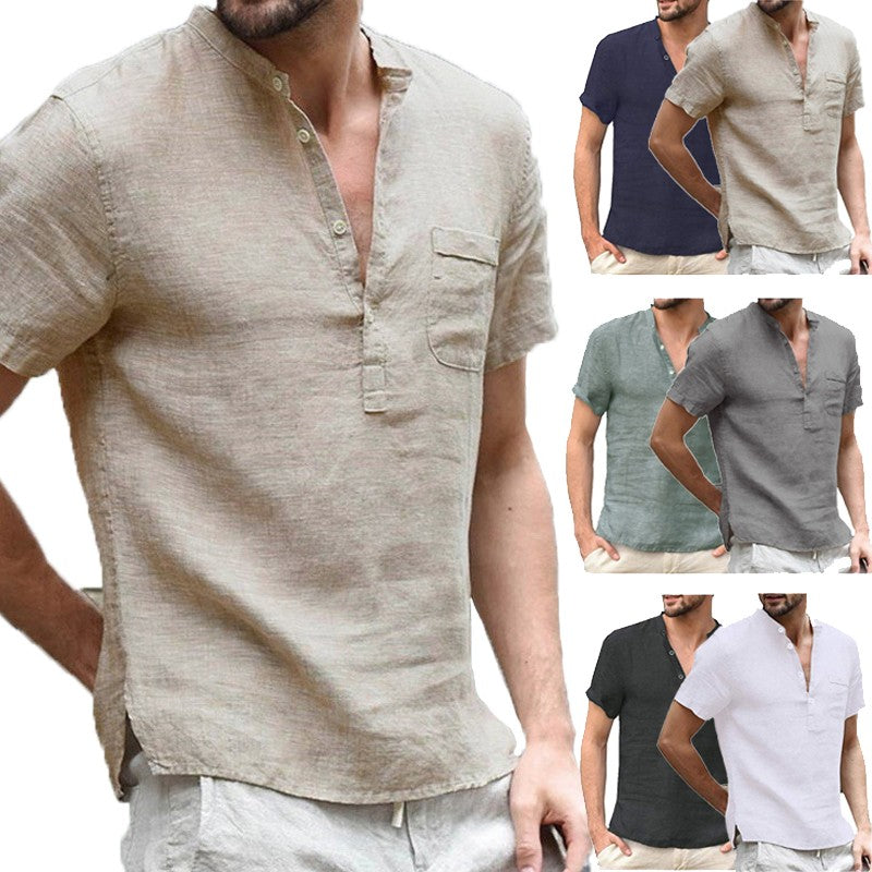 Summer New Fashion Cotton Linen Casual Shirts Male Short Sleeve Breathable Tops
