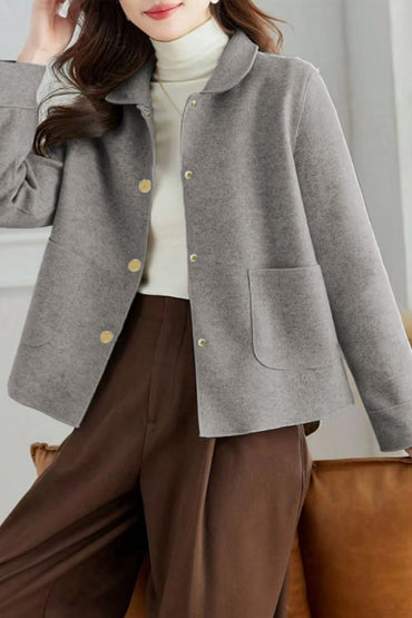 Fashionable minimalist coat for women with a single-breasted collar and high-quality short woolen coat, casual solid color long-