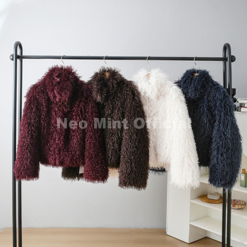 Neo Mint Iconic Blogger Fashion Faux Mongolia Sheep Fur Coat Women 2025 Winter Fluffy Warm Fur Jacket Chic Street Girl Outerwear