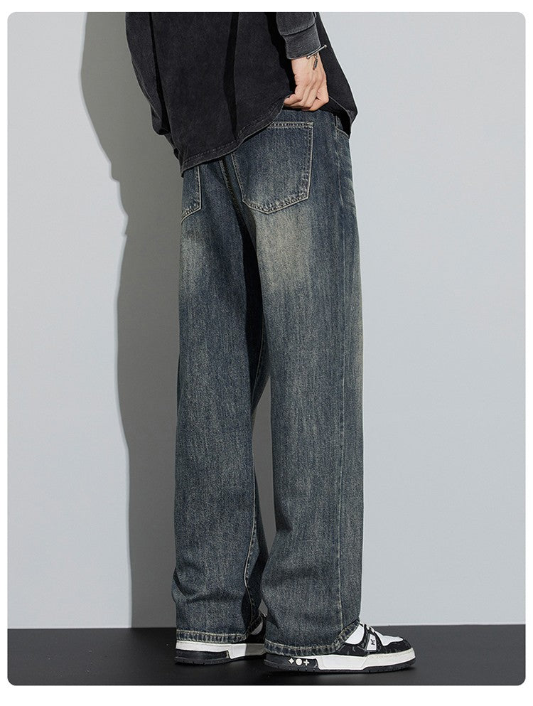 Calças Jeans Masculinas Folgadas de Algodão Perna Larga Retrô Estilo Urbano Coreano Reta Lavada Calças Jeans de Marca de Alta Qualidade