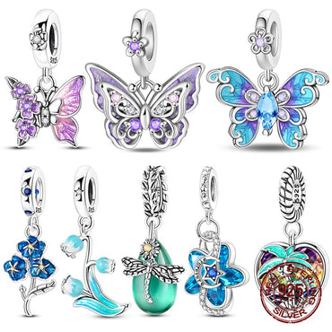 Spring Theme Dragonfly Charms Bead 925 Sterling Silver butterfly flower Dangle Pendant Fit Bangle Bracelet Necklace DIY Jewelry