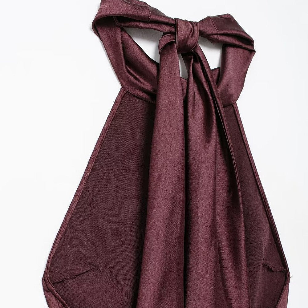 TRZA-Women's Long Satin Halter Dress, Backless, Bow Tied, Back Zipper, Female Dr