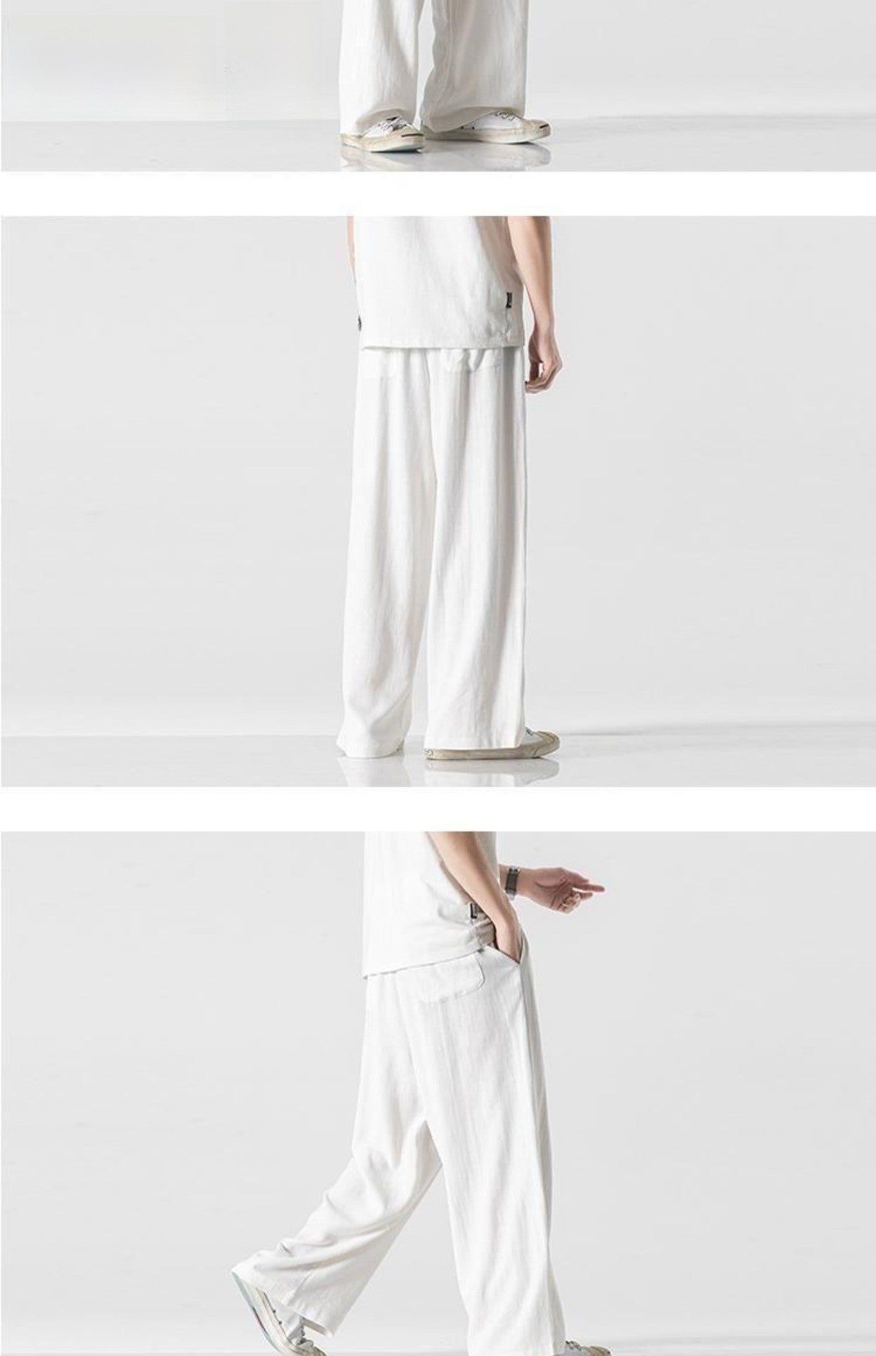 Summer Large Size Linen Cotton Wide Leg Pants Men Casual Comfortable Loose Fit Straight Leg Trousers Long Pants