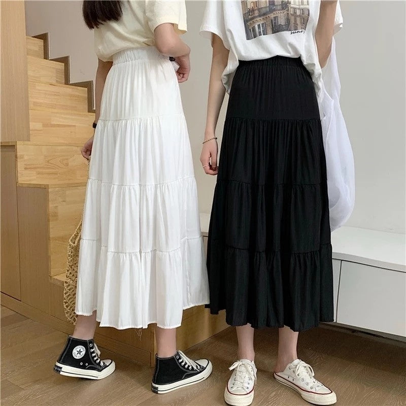 Spring Summer Women Chiffon Skirts Vintage High Waist Elastic Patchwork White Bl