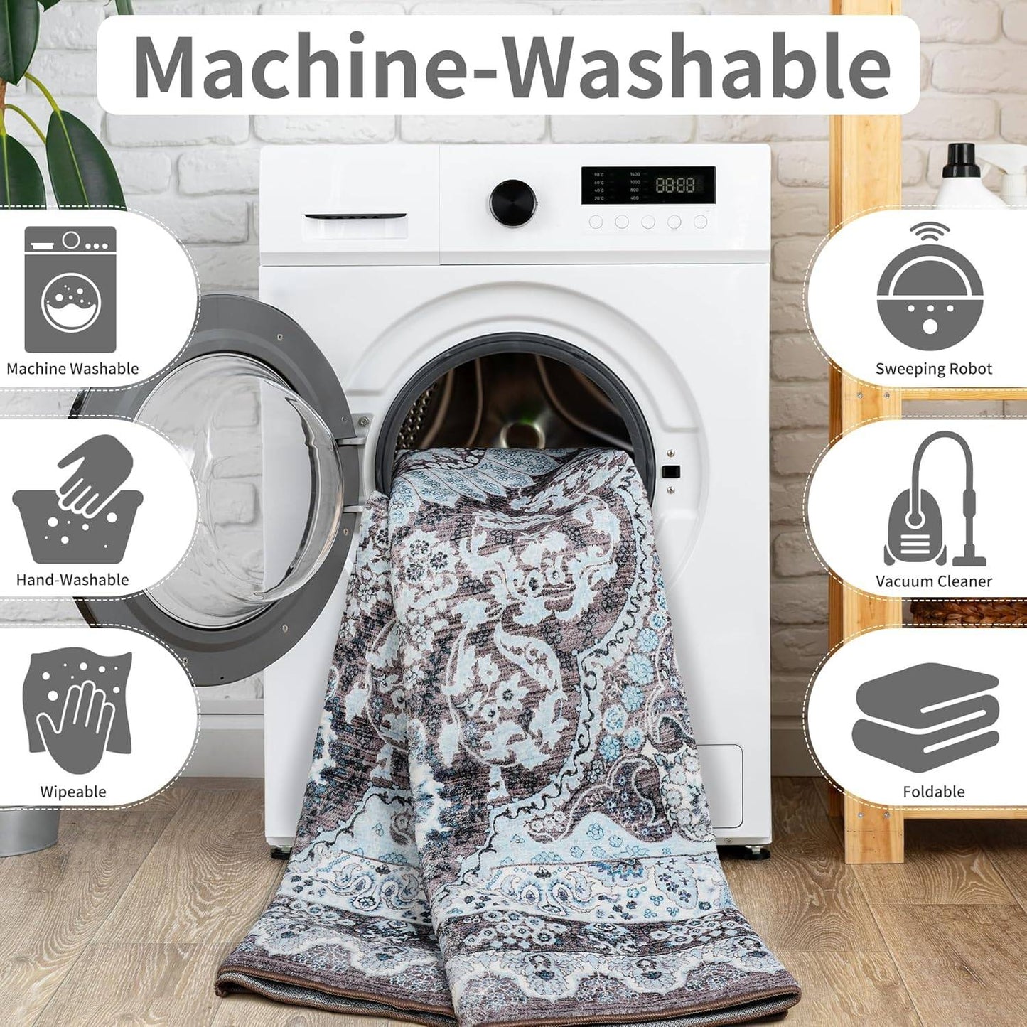 Area Rugs for Living Room, Machine Washable Vintage Rug, Non-Slip Low Pile Throw Rugs with Rubber Backing Washable Carpet