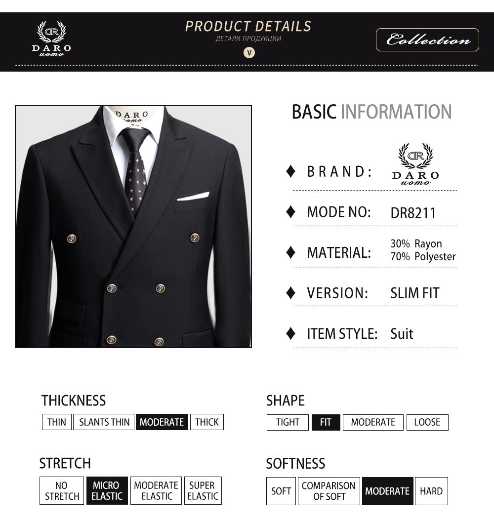 DAROuomo 2025 Men Suit Slim Fit Formal Business Work Wear Suits 2Pcs Set (Jacket+Pants)DR8211