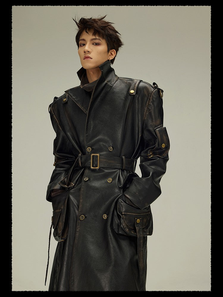 Mauroicardi Spring Autumn Long Distressed Black Pu Leather Trench Coat Men Belt Double Breasted Luxury European Fashion 2023