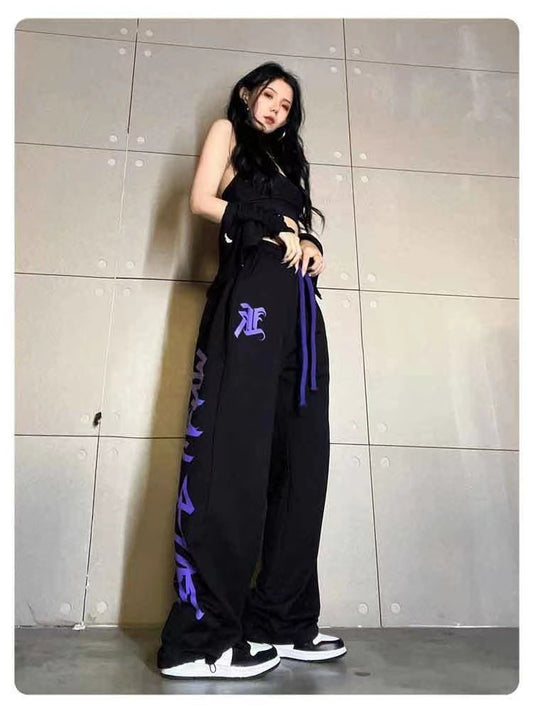 hiphop plus-size sweatpants female jazz dance dance pants American hiphop high waist wide leg drawstring casual sports pants