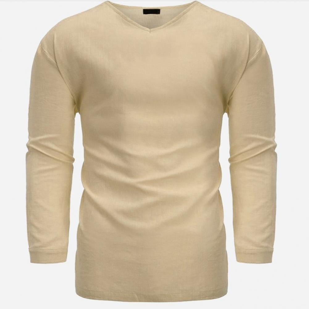Cotton And Linen Men New 3/4 Sleeve Loose Solid Casual Large Pullover Shirt Leisure Summer Spring Long Sleeves Men Casual Shirt