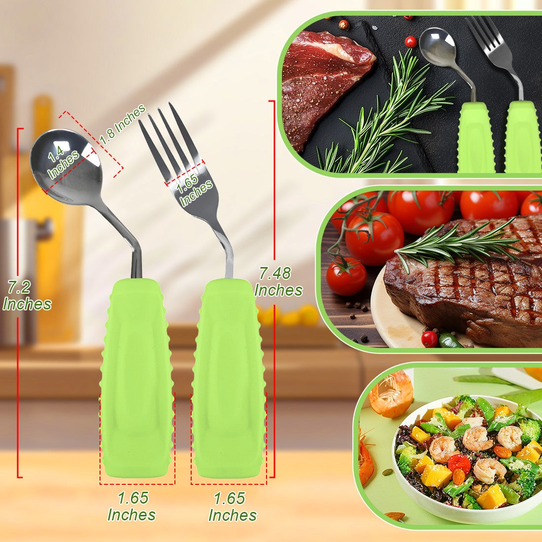 Ehucon Conjunto de Colher e Garfo Antiderrapante com Ângulo e Boca Pequena, Alças de Fácil Manuseio para Parkinson, Idosos, Tremores nas Mãos, Demência