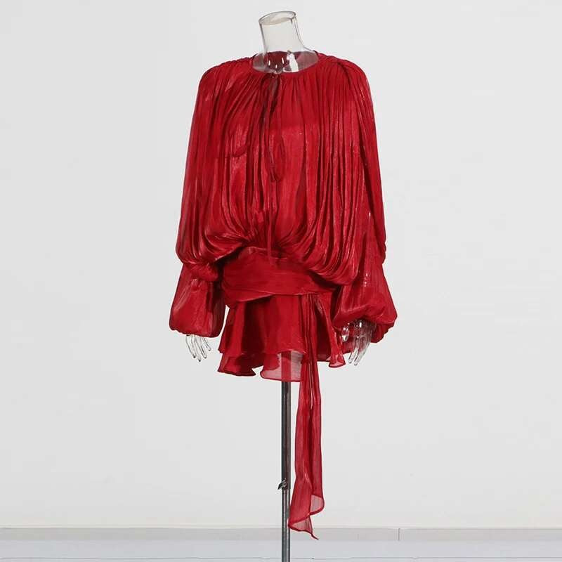 TWOTWINSTYLE Solid Blouse Mini Dresses For Women V Neck Long Sleeve Spliced Lace