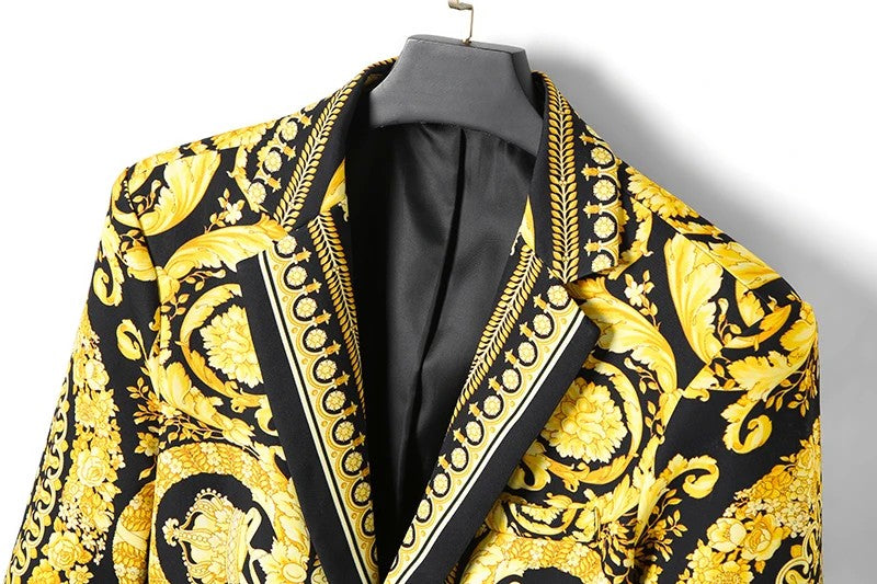 Luxury Brand Gold Floral Black Blazer Jacket High Quality Men Women Peak Lapel Baroque Suit Jacket for Wedding Party Prom
