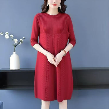 Women's Clothing Elegant All-match Solid Knit Dresses Autumn Winter New Casual Loose Long Sleeve Knee-Length Sweater Pullovers